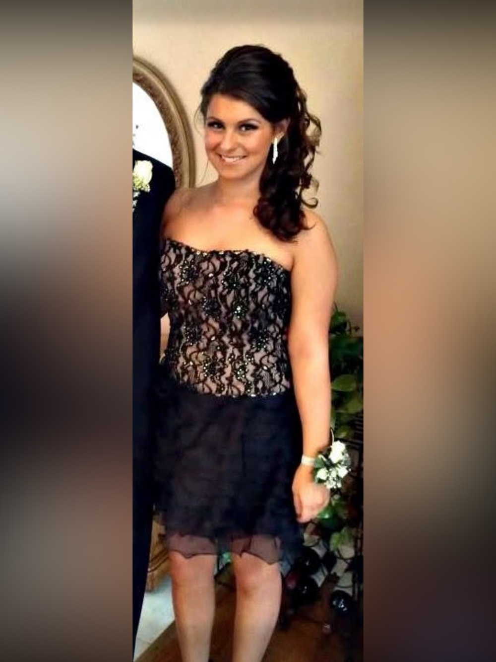 Strapless Black Lace & Nude Beaded Party Dress